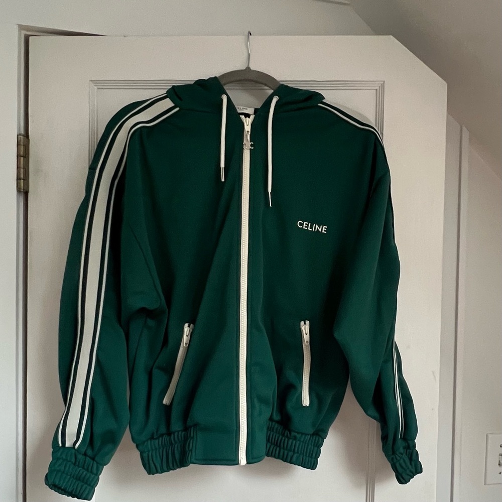 Green Celine Paris tracksuit jacket w/ hood & front zipper retro style size S